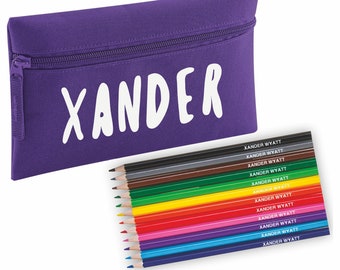 Zip Pencil Case with name and Colouring Pencils embossed with name - Purple Pencil Case + Printed Pencils