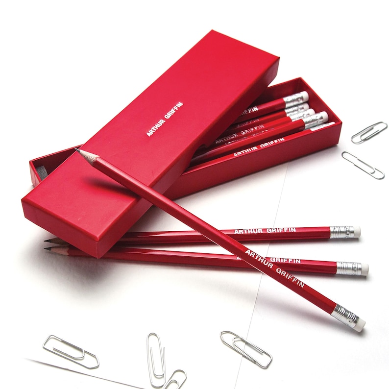 12 High Quality Personalised Pencils in a Box -Printed with Name - AQUAMARINE (plus other colours) New Colour Crimson Red