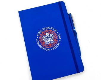 King Charles III Coronation 2023 Personalised Notebook and Matching Pen - Royal Blue Notebook printed with official emblem
