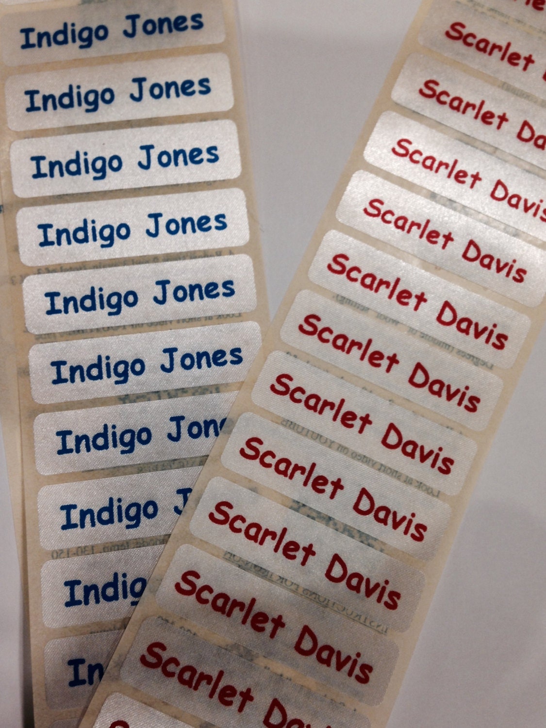 Name Tapes/Labels IRON-ON Red or Blue Print on White Tags great for S…