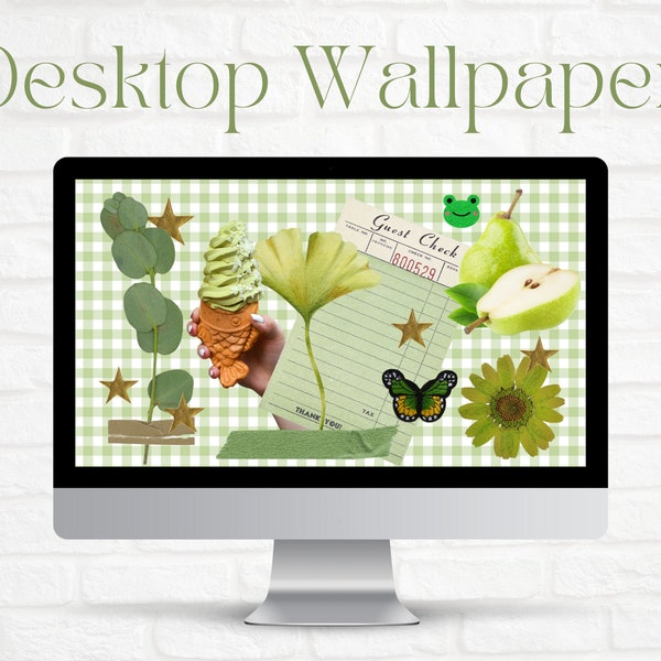 Groovy Green Aesthetic Desktop Wallpaper | Bold Gingham Collage Aesthetic | Laptop Background | Digital Download | Pastel Danish Design 2023