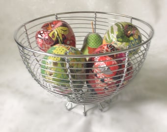 Basket of Wooden Fruit, Wooden Apples, Wooden Pear, Wooden Fruit, Wooden Fruit Home Decor, Decoupaged Wooden Fruit, Wire Bowl of Fruit