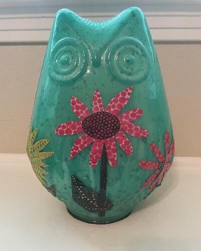 Glass Owl Statue, Glass Owl, Teal Owl with Flowers, Teal Owl Statue, Colorful Owl, Owl Home Decor, D
