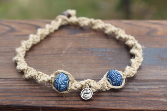 Yin Yang Charm Blue Ceramic Bead Thick Hemp Necklace