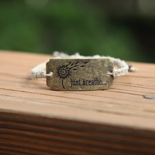 Just Breathe Bronze Metal Adjustable Square Knot or Spiral Knot Hemp Bracelet