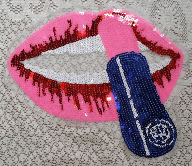 Pink Lipstick Sequins Applique Patch Pink Sequined Lips Sew Etsy