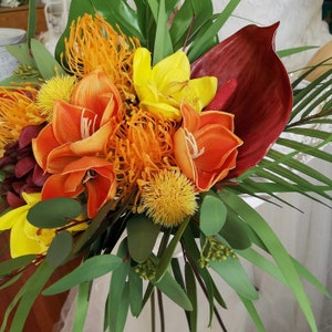 Tropical Wedding Bouquet Real Touch Artificial Flowers Greenery Red Orange Yellow Flowers