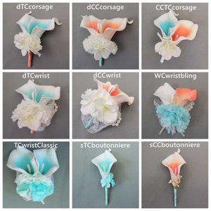 May include: Assortment of nine artificial flower arrangements in various styles, including corsages and boutonnieres. The flowers are white with peach and teal accents. The arrangements feature different types of greenery and embellishments, such as lace, pearls, and rhinestones.