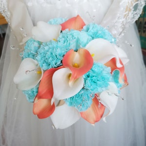 Wedding Bouquets Calla Lilies White Coral Turquoise Blue Crystal Bling Bridal Bridesmaids Bouquets Groom Groomsmen Boutonnieres Set