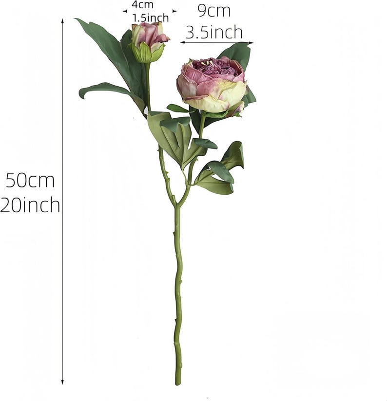 May include: A single artificial peony stem with a large, open flower and a bud. The flower is a mix of pink and cream, measuring 3.5 inches across. The stem is 20 inches long, with green leaves. The bud is 1.5 inches wide.