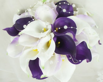 Custom Purple White Calla Lily Wedding Bouquet Set, Real Touch Artificial Flowers, Pearl Accented