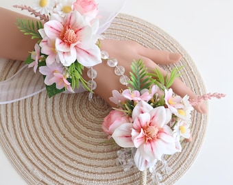 Dahlia & Rose Wrist Corsage and Boutonniere Set, Silk Flower Wedding Wristlet with Crystals