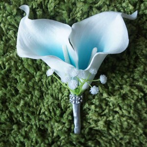 Turquoise Picasso Calla Lily Wedding Bouquet set Real Touch Beach Bridal Boutonniere with bling double calla BN