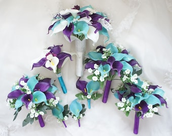 Custom Purple Blue Calla Lily Wedding Bouquet Set, Bridal Corsage Boutonniere