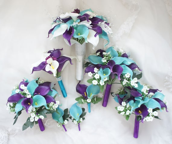Custom Purple Blue Calla Lily Wedding Bouquet Set, Bridal Corsage Boutonniere