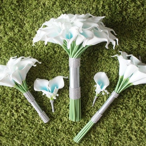 Lily Garden Artificial Wedding Floral Set Turquoise Picasso Calla Lily with Silver Ribbon and Bling