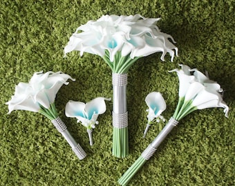 Turquoise Picasso Calla Lily Wedding Bouquet set Real Touch Beach Bridal Boutonniere with bling