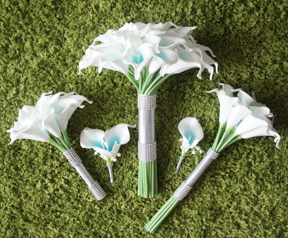 Turquoise Picasso Calla Lily Wedding Bouquet set Real Touch Beach Bridal Boutonniere with bling