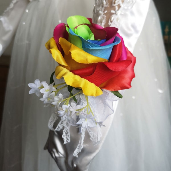 Big Silk Rainbow Roses Boutonnieres Corsage