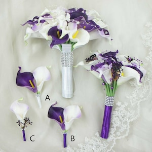 Arrangement Wedding Bouquet Latex Calla Lily Real Touch Purple and White Artificial Floral