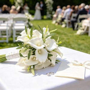 Peut inclure: Un bouquet de mariée de lys calla blancs avec des perles est posé sur une table blanche. Des alliances et une invitation crème avec un ruban sont également présents. Une cérémonie de mariage est en arrière-plan.