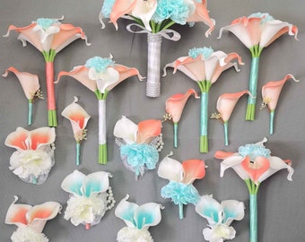 Coral Calla Lily Wedding Bouquet: Turquoise Carnation Corsage & Boutonniere