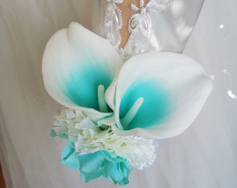 Pearl Wrist Corsage and Boutonniere set Turquoise / Aqua / Teal Blue Real Touch Calla Lily