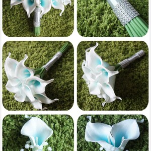 May include: A bridal bouquet of white calla lilies with blue centers. The bouquet is wrapped in a silver ribbon with rhinestones. There is also a matching boutonniere with a single white calla lily with a blue center.