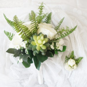 Mix white and greenery artificial flowers Wedding Bouquet and Boutonniere