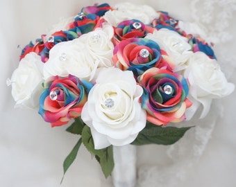 Real Touch Rainbow Rose Wedding Bouquet with Boutonniere, Custom Ribbon Color