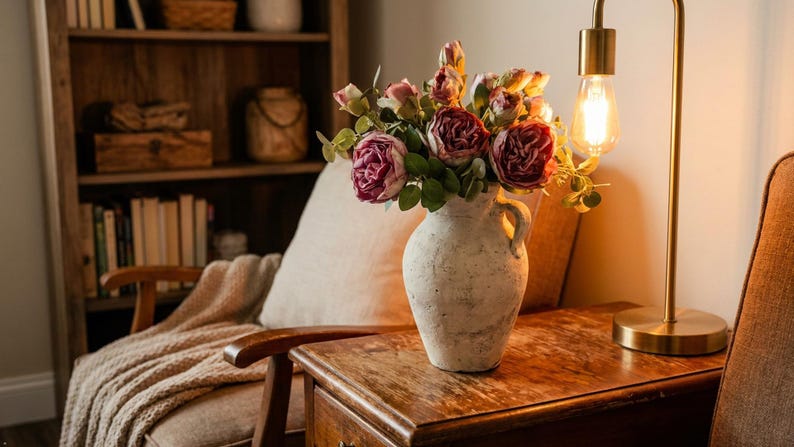 May include: A rustic, off-white vase filled with burgundy and pink roses sits on a wooden side table. A gold-toned lamp with a vintage bulb illuminates the scene. A cozy armchair with a beige throw and a wooden bookshelf complete the warm, inviting interior.