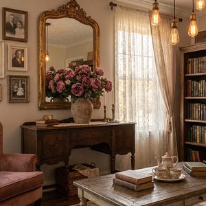 May include: A cozy living room with a tufted pink armchair, antique wooden furniture, and a large gold-framed mirror. The room features a coffee table, bookshelves filled with books, and framed family photos on the wall. A vase of pink flowers sits on a wooden table.
