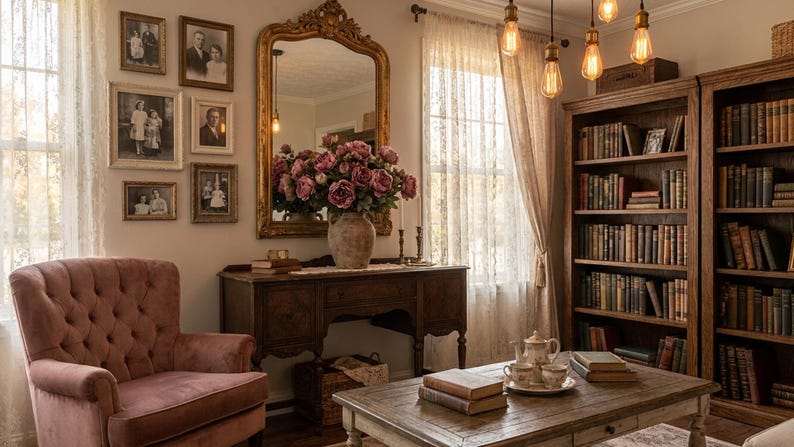 May include: A cozy living room with a tufted pink armchair, antique wooden furniture, and a large gold-framed mirror. The room features a coffee table, bookshelves filled with books, and framed family photos on the wall. A vase of pink flowers sits on a wooden table.