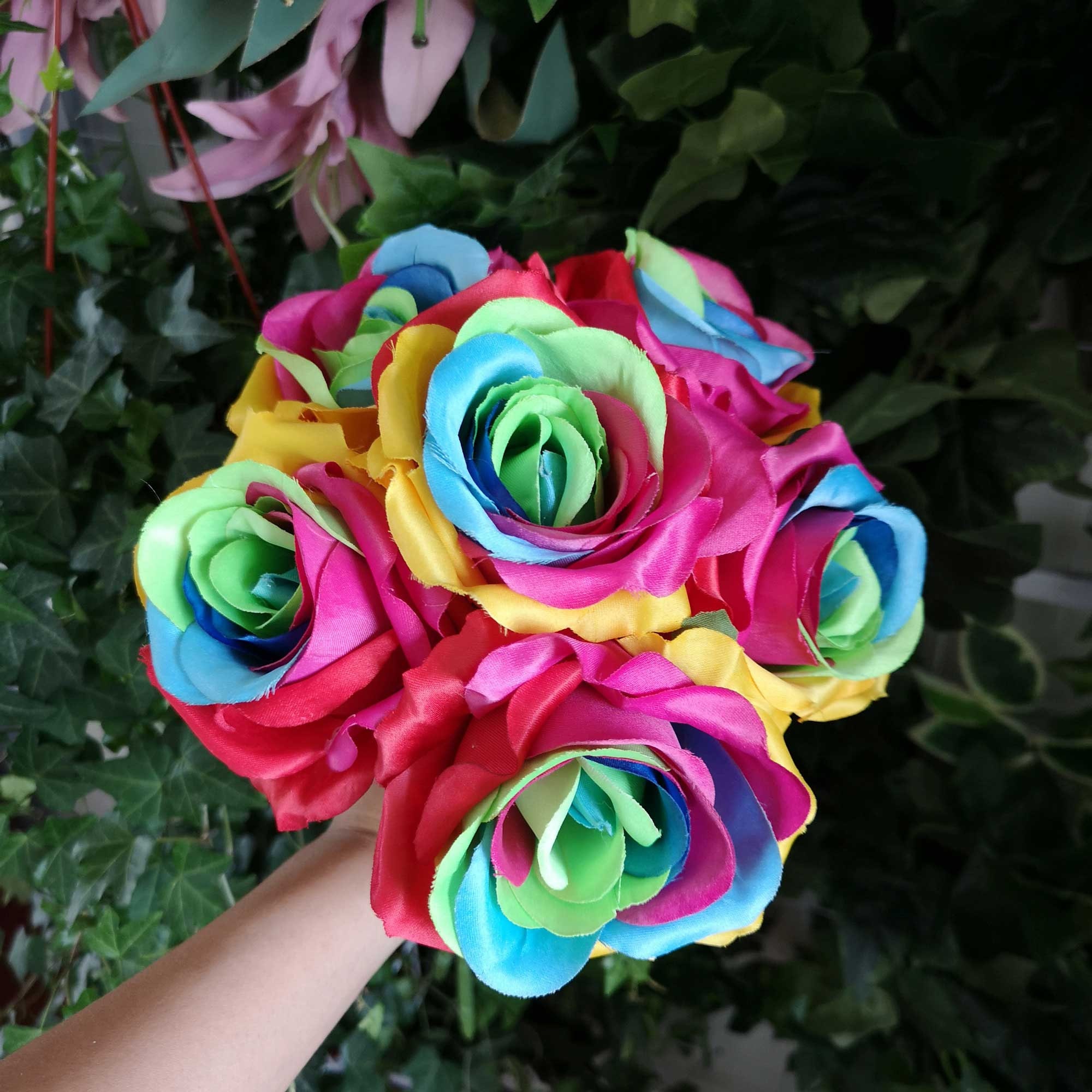 Silk Rainbow Roses Artificial Flowers Wedding Bouquet Etsy UK