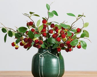 Set of 6 Artificial Red Raspberry Stems with Green Leaves Realistic Decorative Berry Sprigs