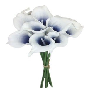 May include: A bouquet of 10 white artificial calla lilies with blue centres. The stems are green and tied together with twine.