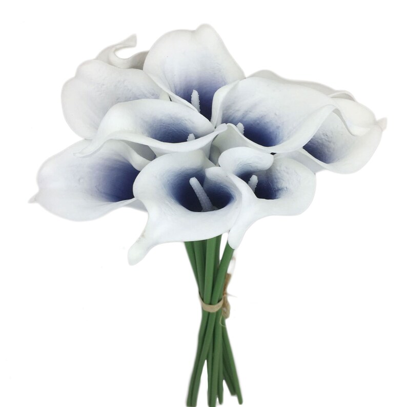 May include: A bouquet of 10 white artificial calla lilies with blue centres. The stems are green and tied together with twine.