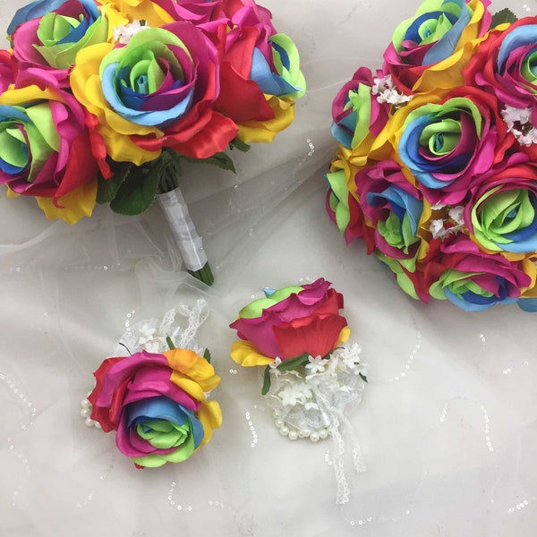 Silk Rainbow Roses artificial flowers Wedding Bouquet Boutonniere Wrist Corsage arrangements Set