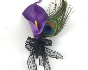 Elegant Picasso Calla Lily & Peacock Feather | Groom Boutonniere + Bridal Party Corsage