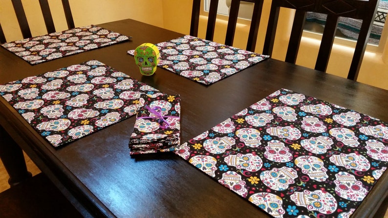 Sugar Skull Place Mats with Four Matching Cloth Napkins.