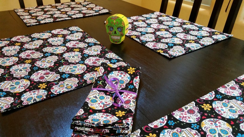 Sugar Skull Place Mats with Four Matching Cloth Napkins.