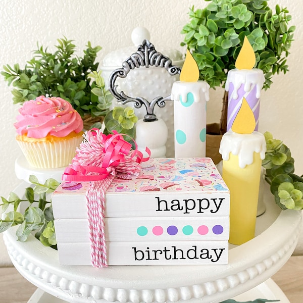 Happy Birthday Wooden Book Stack, Cupcake Birthday Book Stack, Birthday Book Stack, Birthday Tier Tray Decor, Birthday Shelf Decor