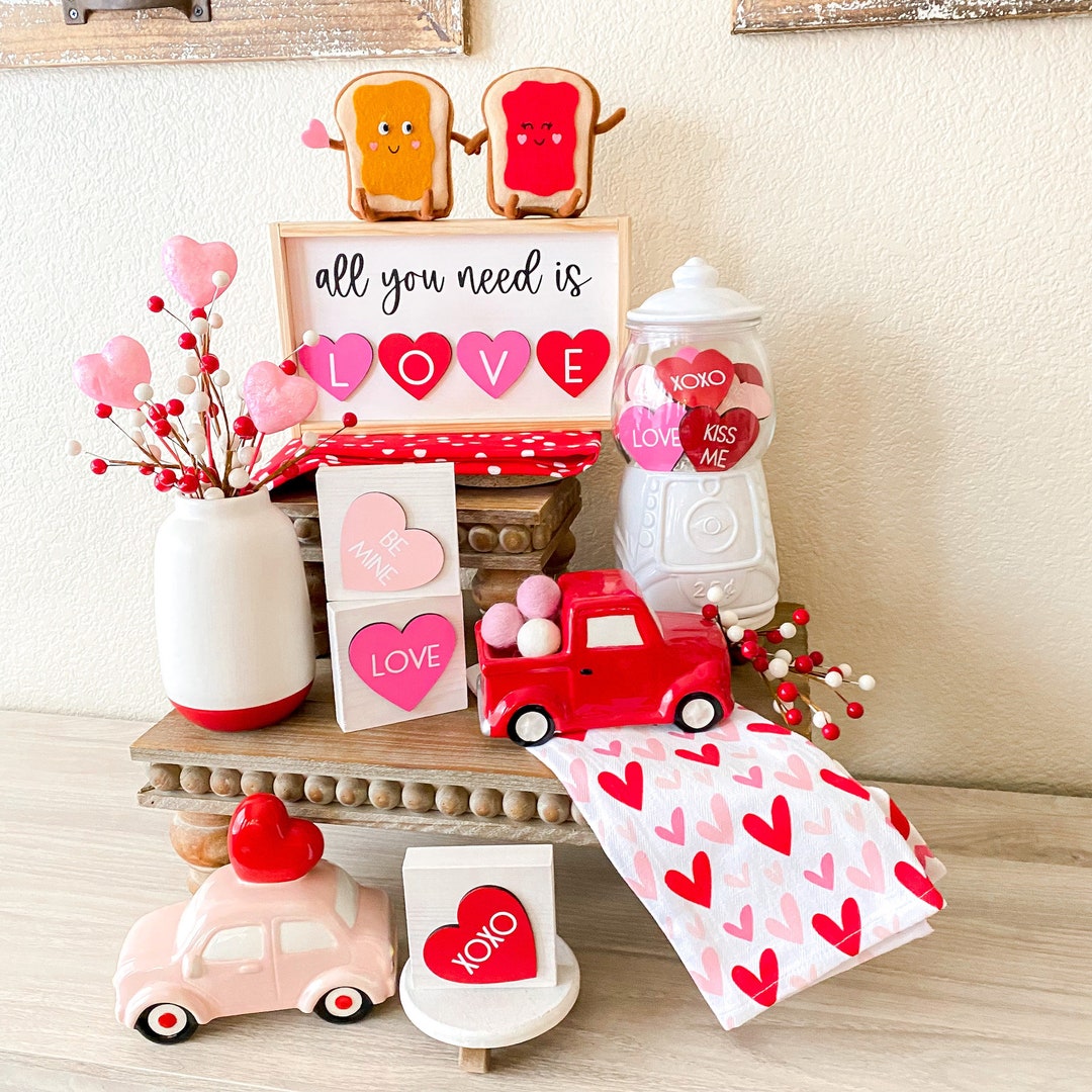 All You Need is Love Pink and Red Heart Sign Set, 3D Valentine Tiered