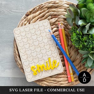 Smile Wooden Coloring SVG, Etched Wooden Coloring Craft SVG, Wooden Coloring Craft Laser Cut File, Heart Laser Cut File, Kids Coloring Craft