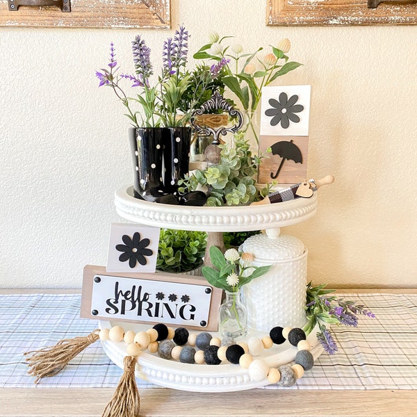 Hello Spring Neutral Tiered Tray Sign Set, Neutral Spring Tiered Tray Signs, Spring Tiered Tray Decor, Spring Tiered Tray Signs