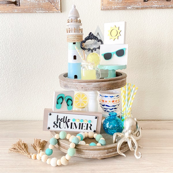 Hello Summer 3D Tiered Tray Sign Set, Summer Tiered Tray Signs, Summer Tiered Tray Decor, Teal and Yellow Summer Tiered Tray Signs