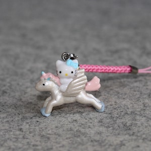 Japanese Kawaii Vintage Kitty Mobile Phone Charm, Limited Edition, Mini Kitty Horse Riding, Key Chain, Bag Charm, Friendship Gift Pink Horse