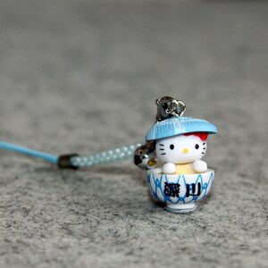 Japanese Kawaii Vintage Kitty Mobile Phone Charm, Keychain, Kitty taking a soup spa in a bowl,  Limited Edition, Funny Cat, Friendship Gift