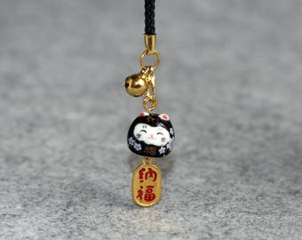 Handmade Japanese Porcelain Kitty, Amulet Maneki Neko Mobile Phone Charm, Good Luck Smiling Cat, Personalized Friendship Gift