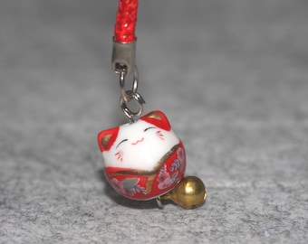PERFECT GIFT Handmade Japanese Porcelain Kitty, Amulet Maneki Neko Mobile Phone Charm, Good Luck Smiling Round Cat, Mobile Phone accessories